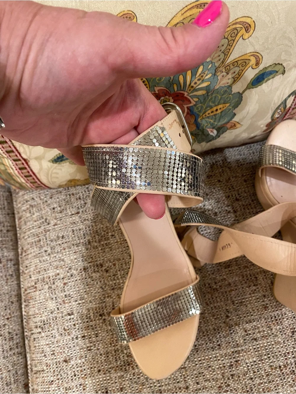 Stuart Weitzman Nude Platform Sandals with Silver Rhinestone Straps